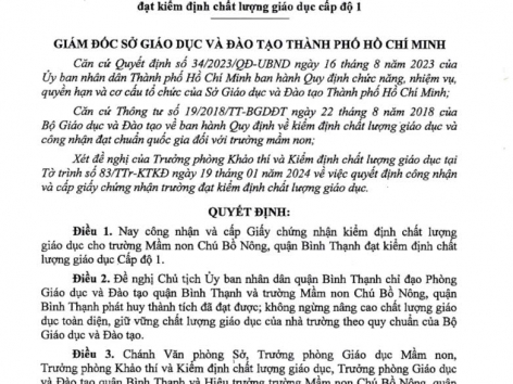 QUYẾT ĐỊNH CÔNG NHẬN KIỂM ĐỊNH CHẤT LƯỢNG GIÁO DỤC CẤP ĐỘ 1 QUYẾT ĐỊNH CÔNG NHẬN KIỂM ĐỊNH CHẤT LƯỢNG GIÁO DỤC CẤP ĐỘ 1